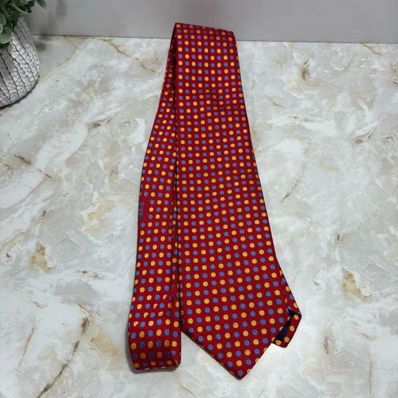 NWOT Holland‎ & Sherry London Men's Silk Polkadot Tie Red/Blue/Gold 3 1/2 x 60